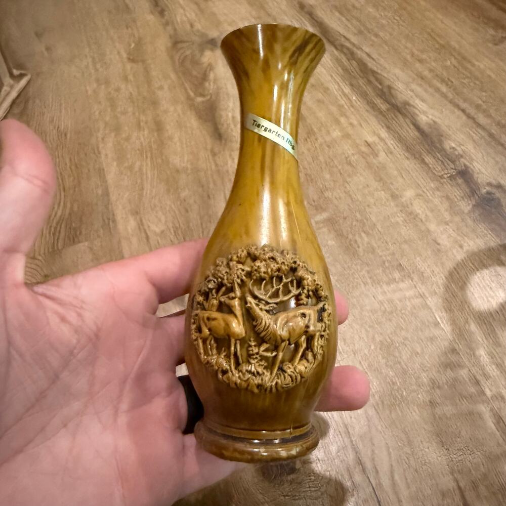 Vintage West Germany Stag & Deer Bud Vase Forest Scene In Relief 6.5" Nature